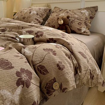 Class a Thickened Pure Cotton Brushed Four-Piece Set, Pure Cotton Floral Button Fitted Sheet and Duvet Cover Three-Piece Set, 2025 Winter New Model 4