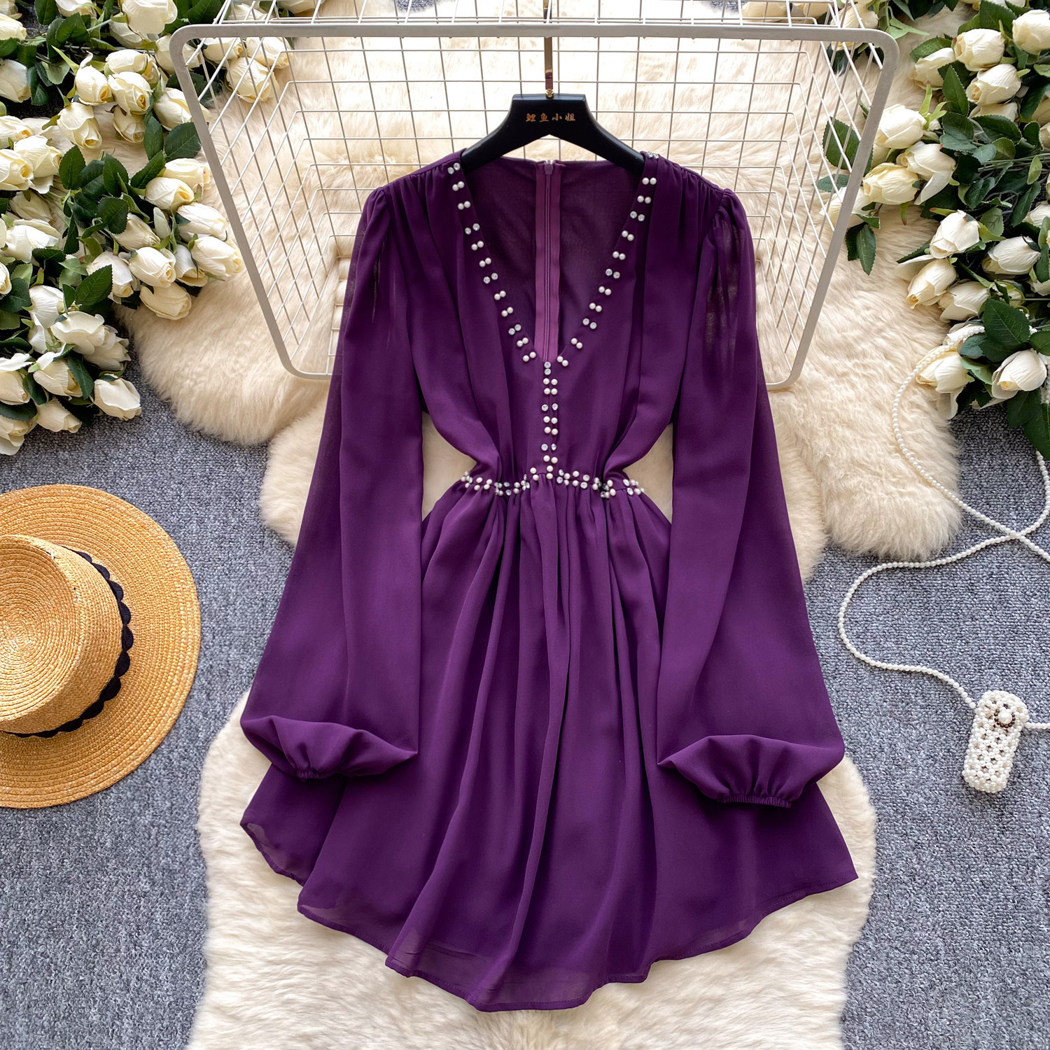 Korean Style Beaded Sexy Dress Purple V Neck Slim Fit Long Length Summer Casual Wear Wholesale Available