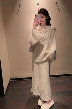Pregnant Women's Autumn and Winter Fashionable Sweater Suit, Lazy Style Loose Belly-Covering Adjustable Lace Skirt Two-Piece Set