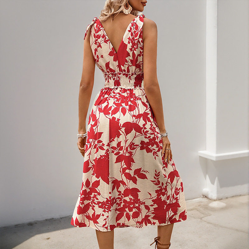 Sleeveless V Neck Floral Print Dress Red Beach Ready Lightweight Fabric Summer Vacation Style Wholesale Available