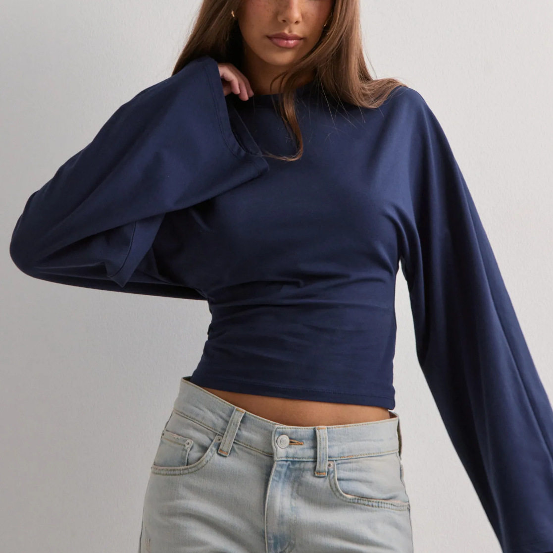 Womens Casual Long Sleeve Top Solid Color Waist Defined Round Neck Autumn Collection Wholesale Available