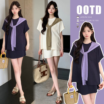 Maternity Wear Summer New Korean Style Age-Reducing Fashion Sports Suit Short-Sleeved T-Shirt + Anti-Exposure Pants Skirt Trendy Mom Suit