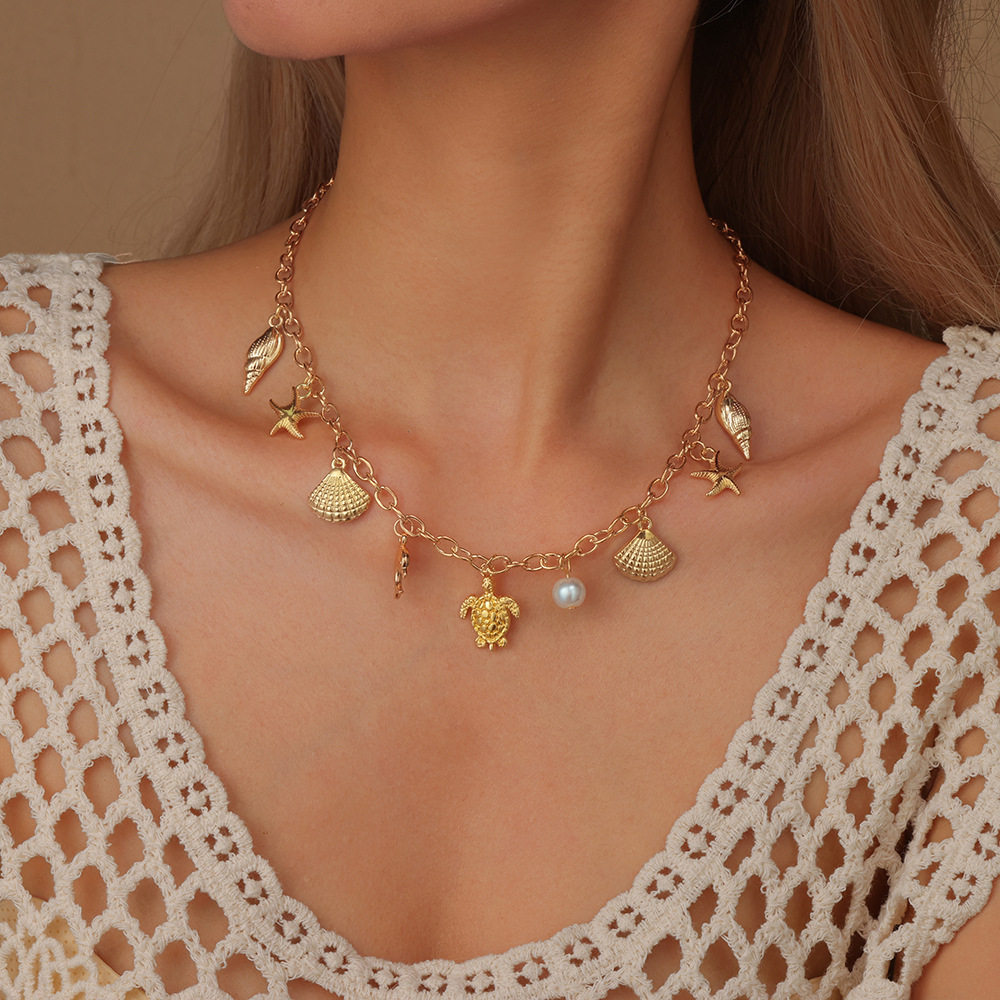 European and American Cross-Border New Product Golden Starfish Shell Necklace Women's Seaside Accessories High-End Vacation Turtle Pendant Clavicle