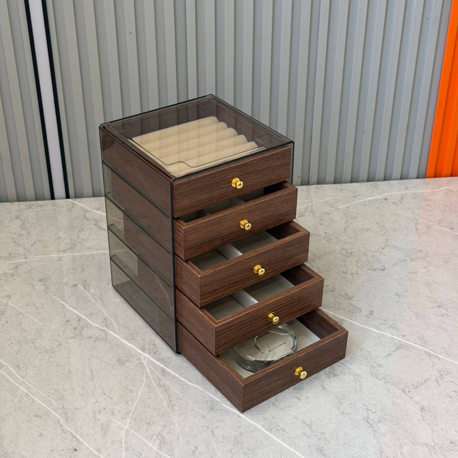 Five-Layer Large-Capacity Jewelry Box Walnut Wood Grain Anti-Oxidation Ring Bracelet Earrings Storage Box Drawer-Type Storage
