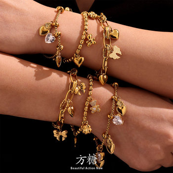 Sugar Cube European and American Ins Style Multi-Element DIY Hand Jewelry Accessories Four-Leaf Clover Bow Single Diamond Heart Pendant Bracelet for Women