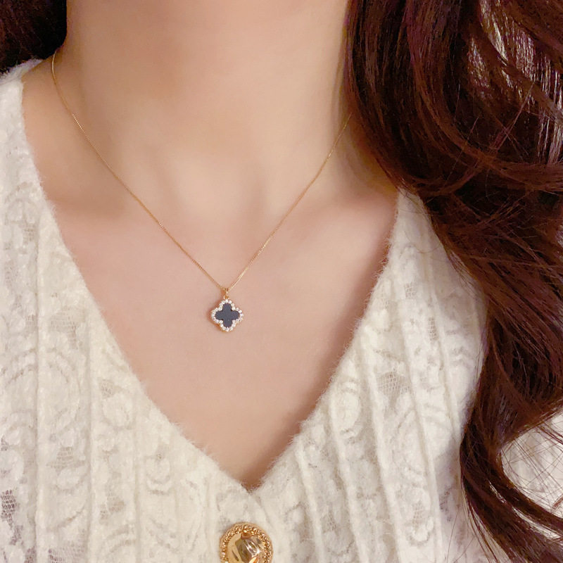 Korean Style Elegant Fashionable Simple Micro-inlaid Zircon Double-sided Four-leaf Flower Necklace Internet Celebrity Distinctive Exquisite Luxury Clavicle Chain