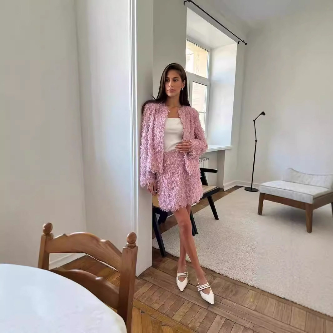 Fringe Two Piece Set Elegant Outerwear and Skirt European and Korean Style Perfect for Fall and Winter Wholesale