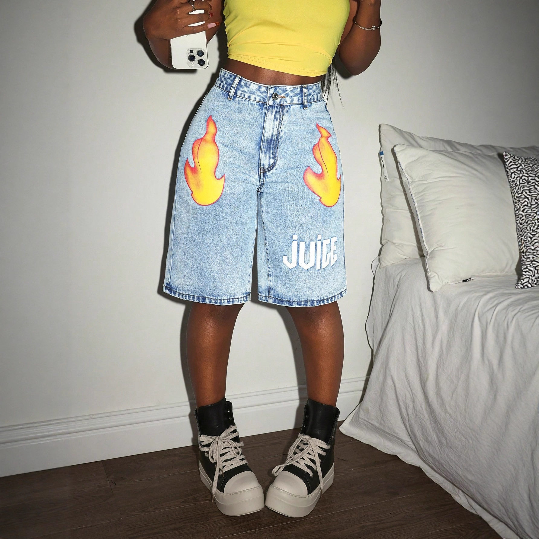Fashionable Womens Denim Shorts Flame Print Letter Design Casual Style Available for Wholesale