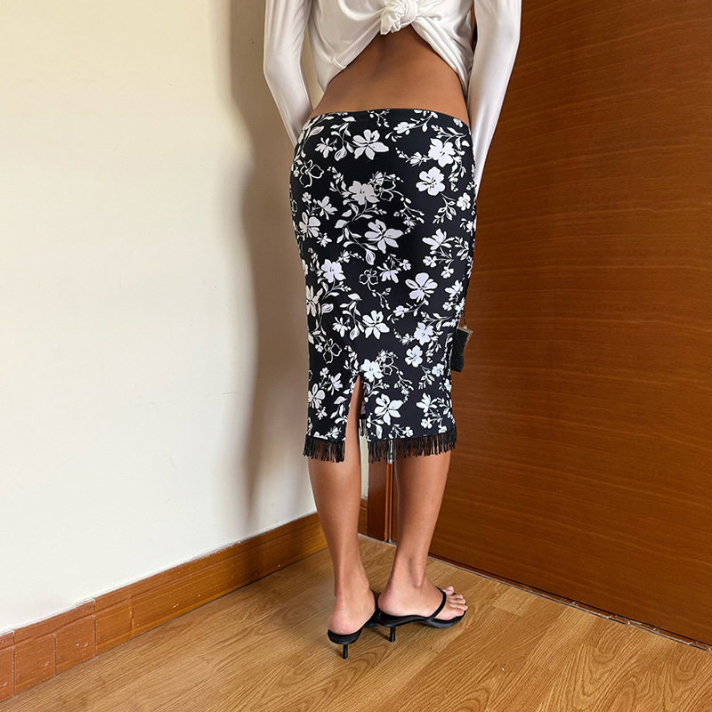 Vintage Floral Print Fringe Bodycon Skirt Sexy Low Waist Versatile Design Summer Fashion Wholesale Available