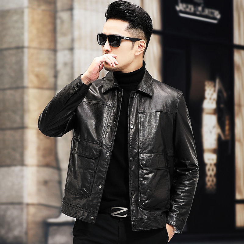 Áo Da Nam Chất Liệu Da Bò Dáng Ôm Kín Cổ Hàng Mùa Xuân Thu Đông