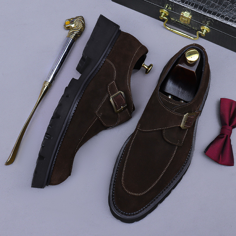 Giày loafer nam da bò lộn mũi tròn khóa cổ điển đế dày tăng chiều cao — đen, màu nâu mocha