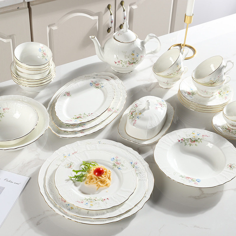 European-style Simple Phnom Penh Bone China Embossed Tableware Household Dishes and Saucers Combination Western-style Flat Plate Coffee Cup and Saucer Set