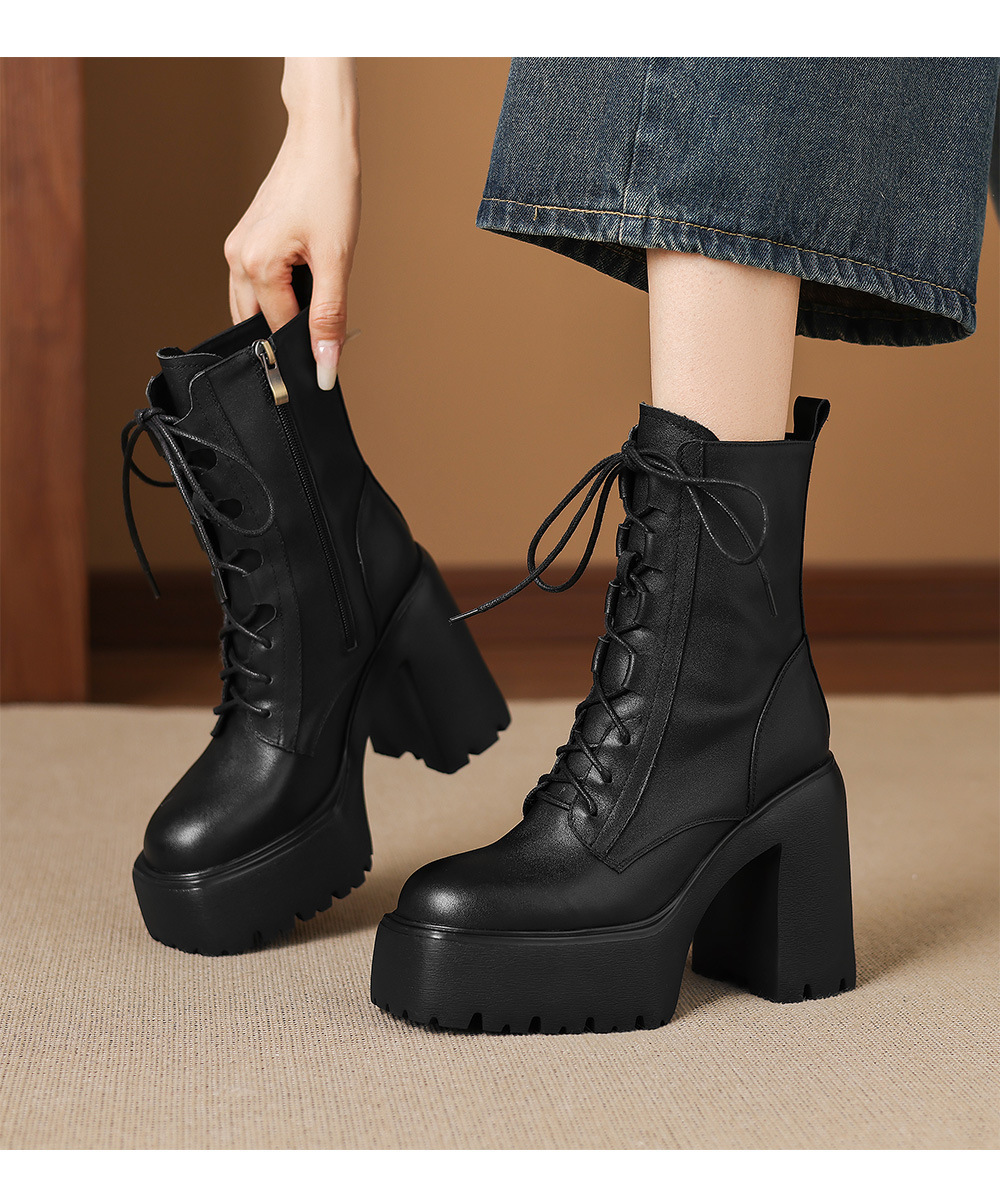 Boot nữ cổ ngắn da bò thật gót thô 12cm phong cách Anh Quốc — Lớp lót đơn màu đen, Lót nhung đen