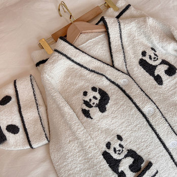 Panda cute soft half velvet pajamas suit with hat waist adjustable confinement clothes home wear three-piece suit