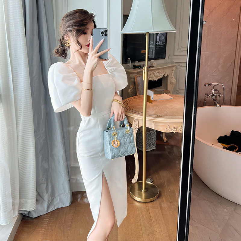 Đầm ôm body nữ trắng cổ vuông tay bồng phong cách Pháp — [Trắng]