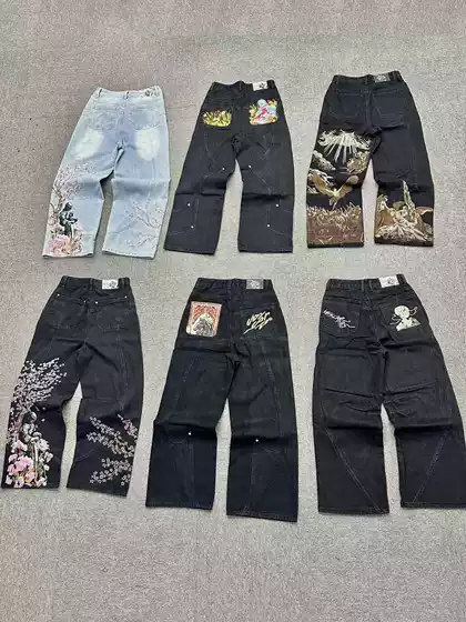 Vescartes Sakura Knight Jeans Unisex Straight Loose Wide-Leg Heavy Embroidered Pants Ins Trend Brand Export