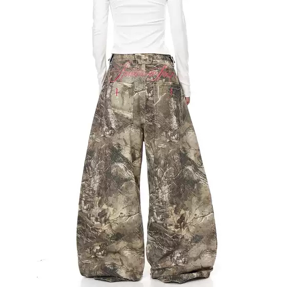 American Street Letter Embroidery Branch Camouflage Jeans for Men and Women Niche Design Wide Leg Pants