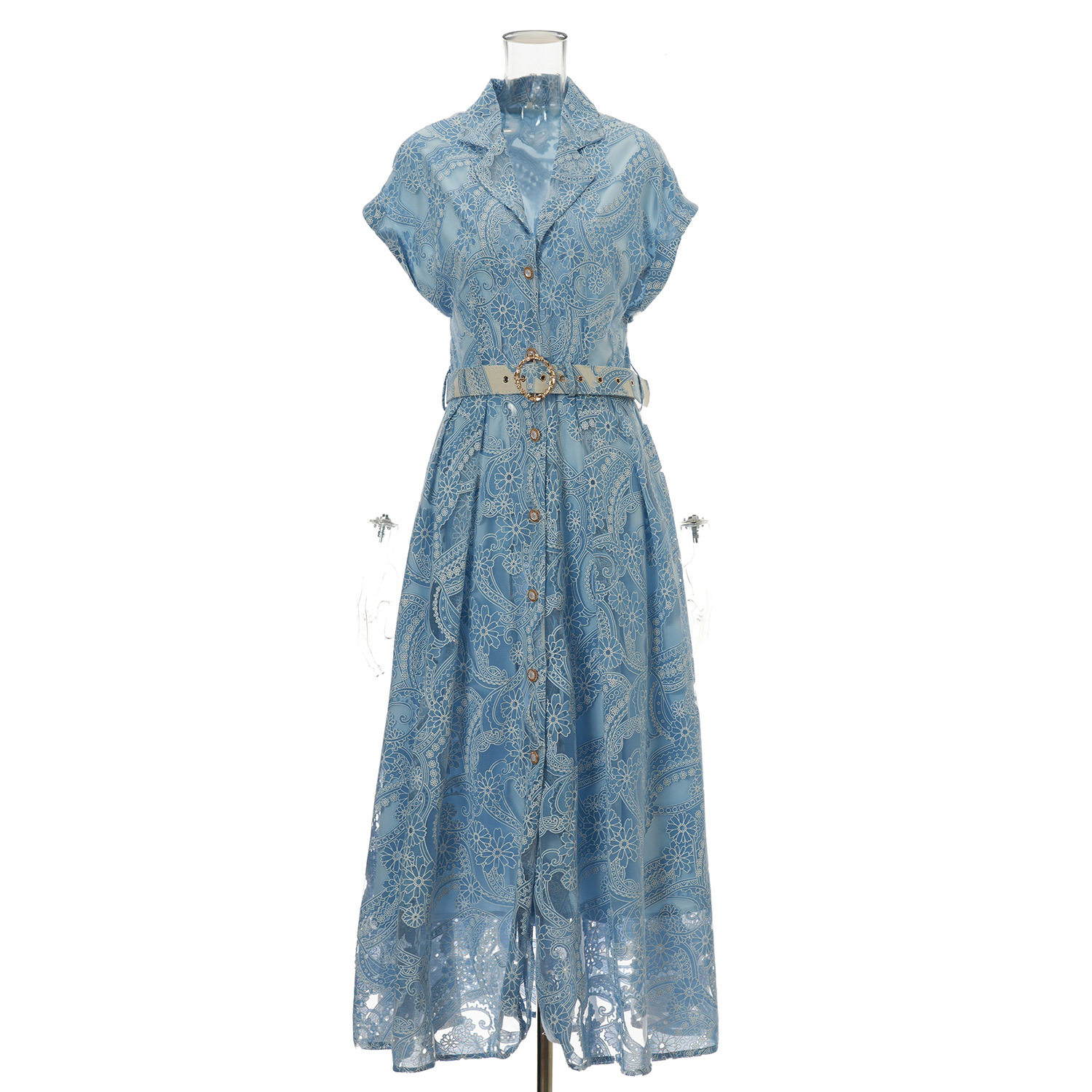 Lace Embroidered Floral Maxi Dress Summer Style Suit Collar Button Closure Waist Defined Elegance Wholesale