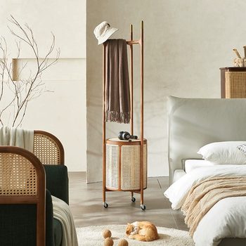 Floor-standing bedroom door solid wood hanger household ash removable laundry basket rattan coat rack