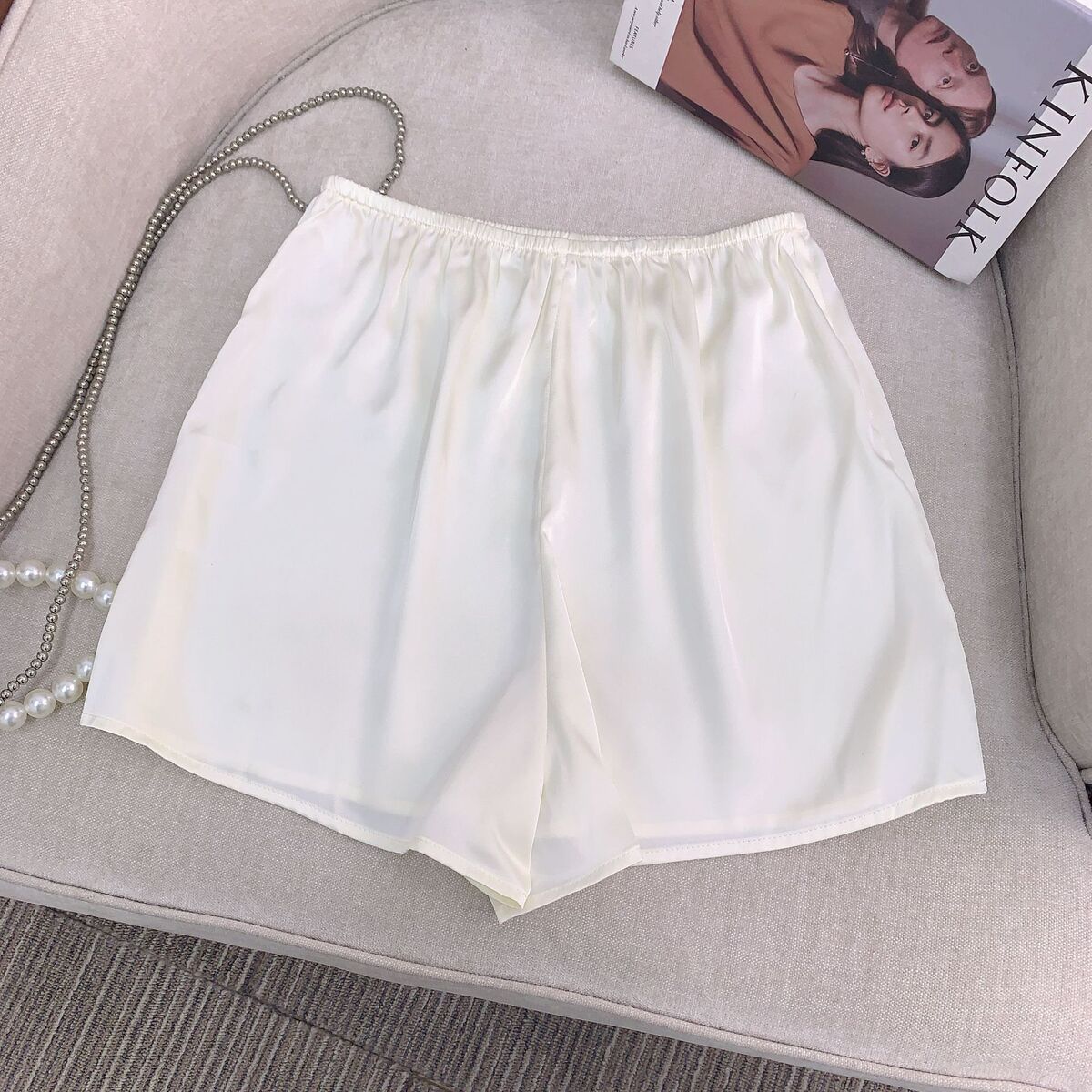 Đầm hai dây lụa tơ tằm dáng chữ A tay công chúa phong cách thanh lịch — [Quần short chống chói miễn phí màu lục lam] Len lụa, [Quần short chống lộ màu nâu hạt dẻ] Len lụa, [Quần short chống lộ màu trắng ngọc trai] Len lụa