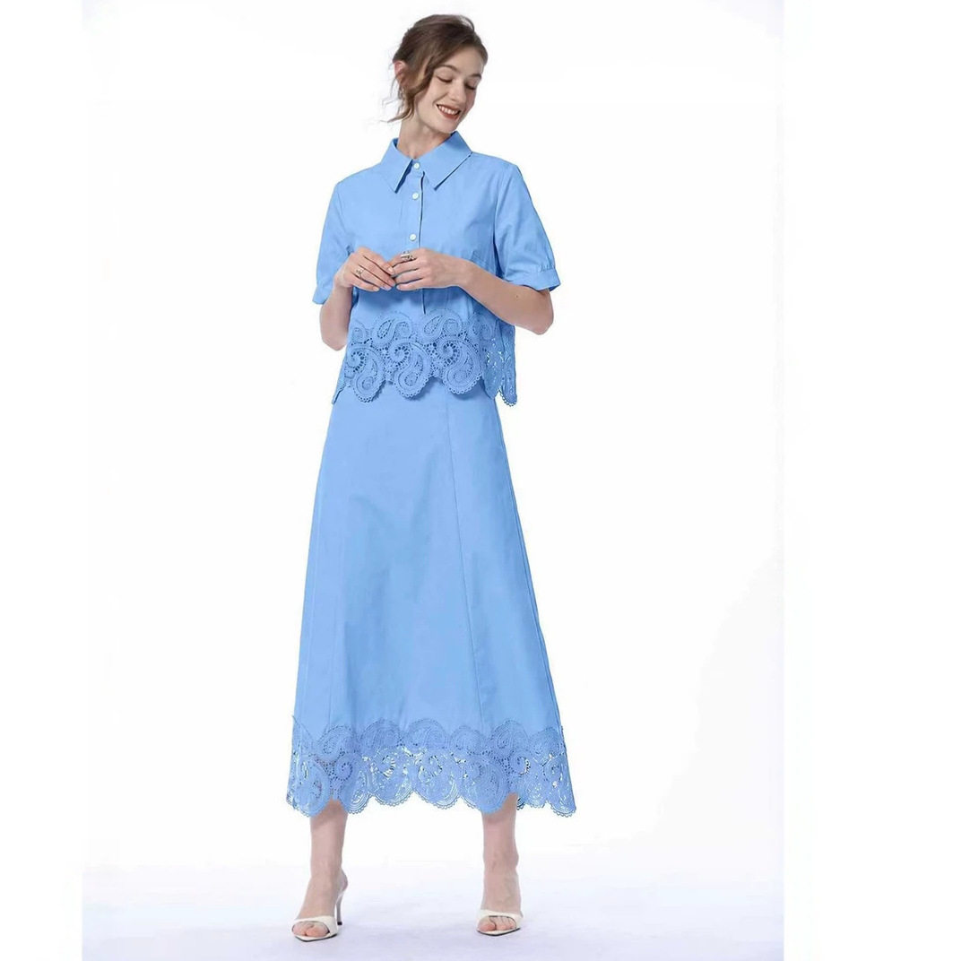 Elegant Two Piece Set Fashionable Lace Design Breathable Fabric Slim Fit Summer Occasion Wear Wholesale Available