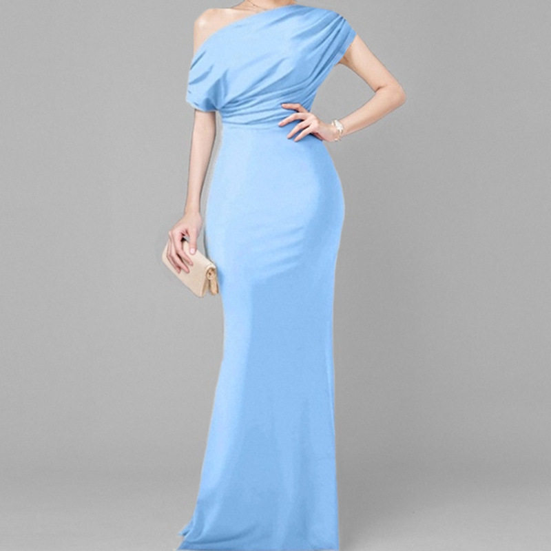 Womens Spring Dress Elegant Solid Color Slim Fit Asymmetrical Shoulder Design Perfect for Parties or Casual Events