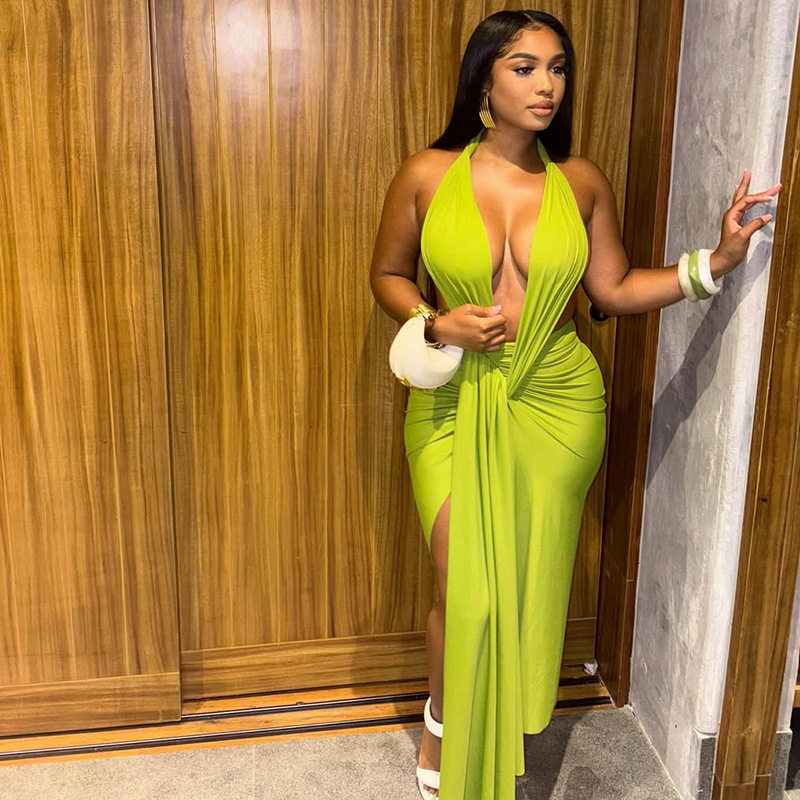 欧美风ins跨境女装修身纯色绑带包臀裙性感挂脖V字领裹胸连衣裙潮