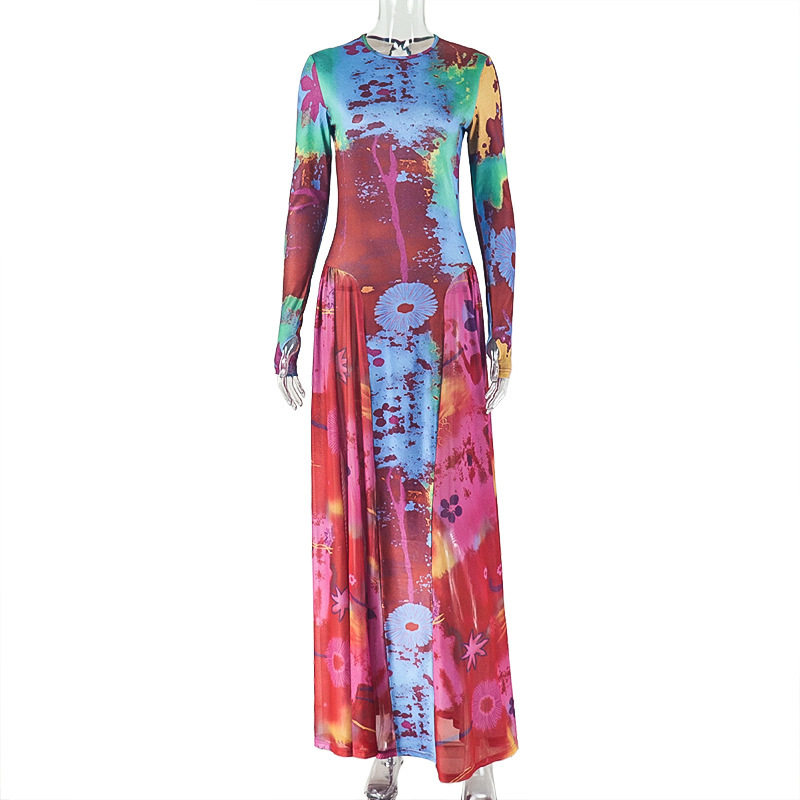 Vintage Floral Print A Line Dress Pleated Waist Defined Long Sleeve Round Neck Casual Wear Wholesale Available