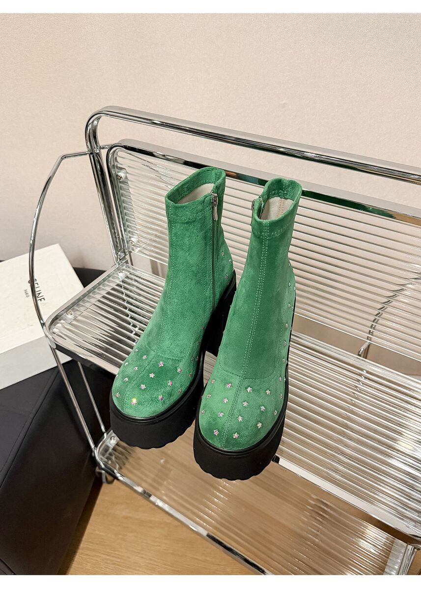 Boot nữ cổ ngắn đế dày khóa kéo bên hông, gót thô tăng chiều cao — Lớp lót đơn màu đen, Lớp lót đơn màu xanh lá, Lót nhung đen, Lót nhung xanh lá