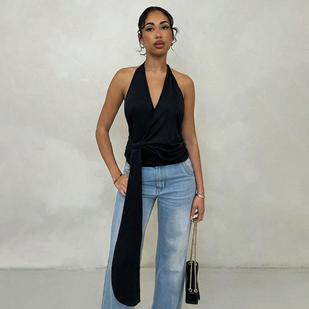 French Style Womens Summer Top Unique Halter Neck Deep V Backless Design Casual Wear for Fashion Forward Outfits