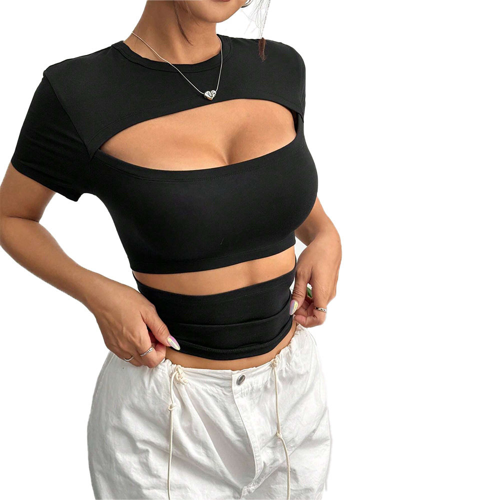 Summer Womens T Shirt Short Sleeve Hollow Out Y2K Style Solid Color Casual Wear for Everyday Use Wholesale