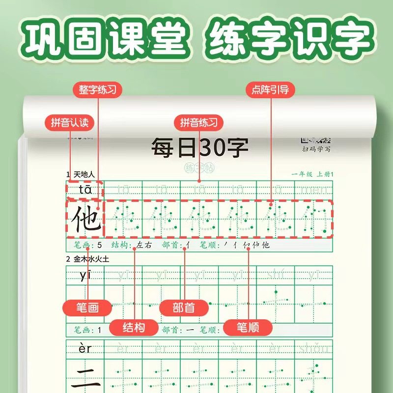 Spot Chinese Language Synchronized Copybook for Grades 1, 2, 3, 4, 5 and 6, Volume 1 and 2, Regular Script Primary School Students Practice Copybook