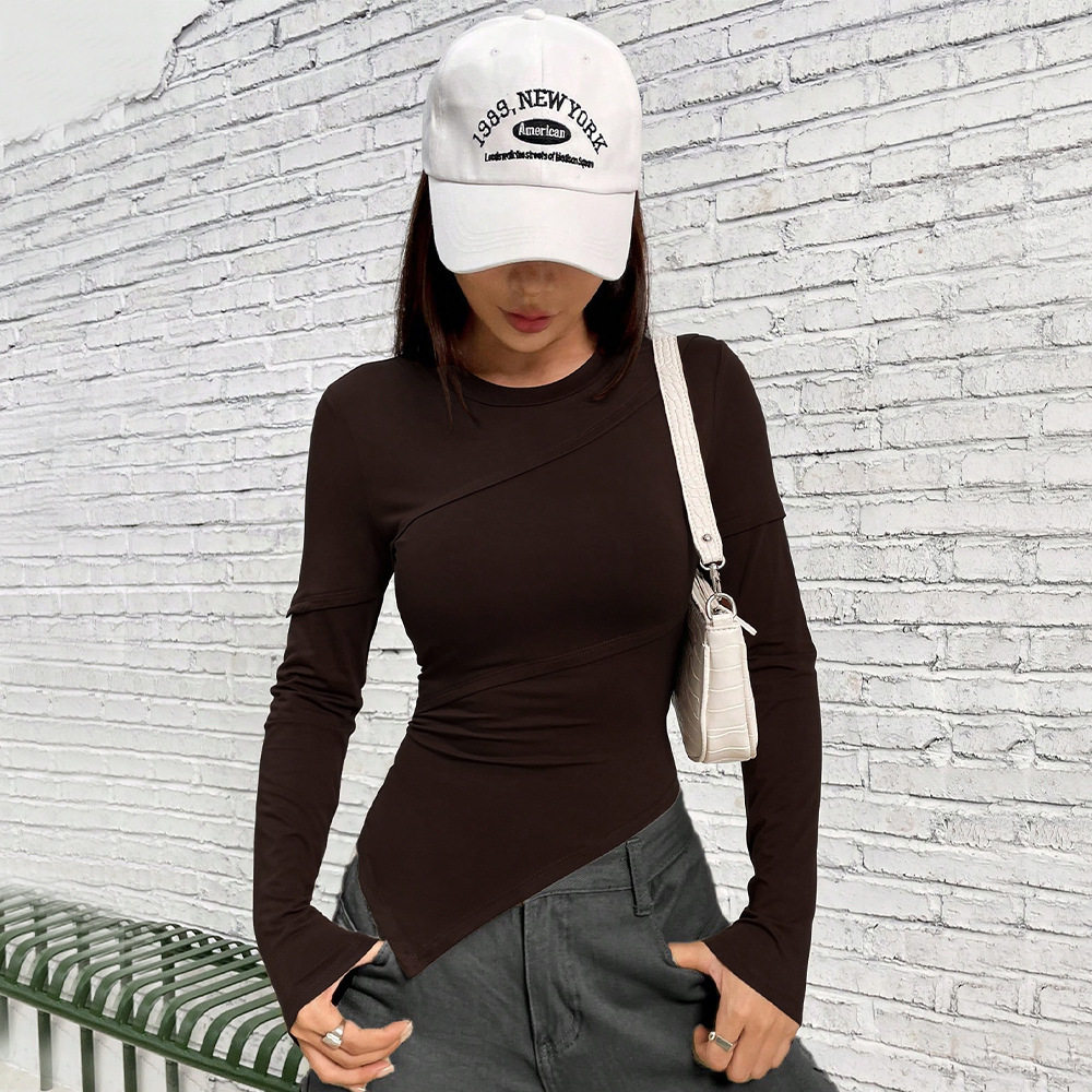 Womens Long Sleeve T Shirt Asymmetrical Neckline Slim Fit Solid Color Knitted Fabric Fall Winter Fashion