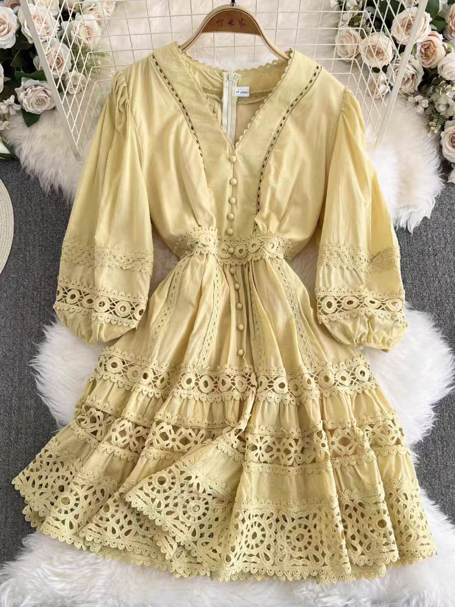 Womens Long Sleeve Dress French Style Slim Fit V Neck Lace Button Closure Perfect for Casual or Formal Occasions