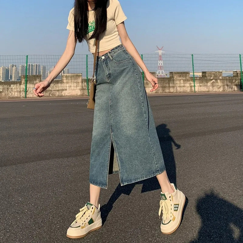 High Waisted Slim Fit Midi Denim Skirt Versatile Bodycon Side Slit Spring Summer Fashion Wholesale Available