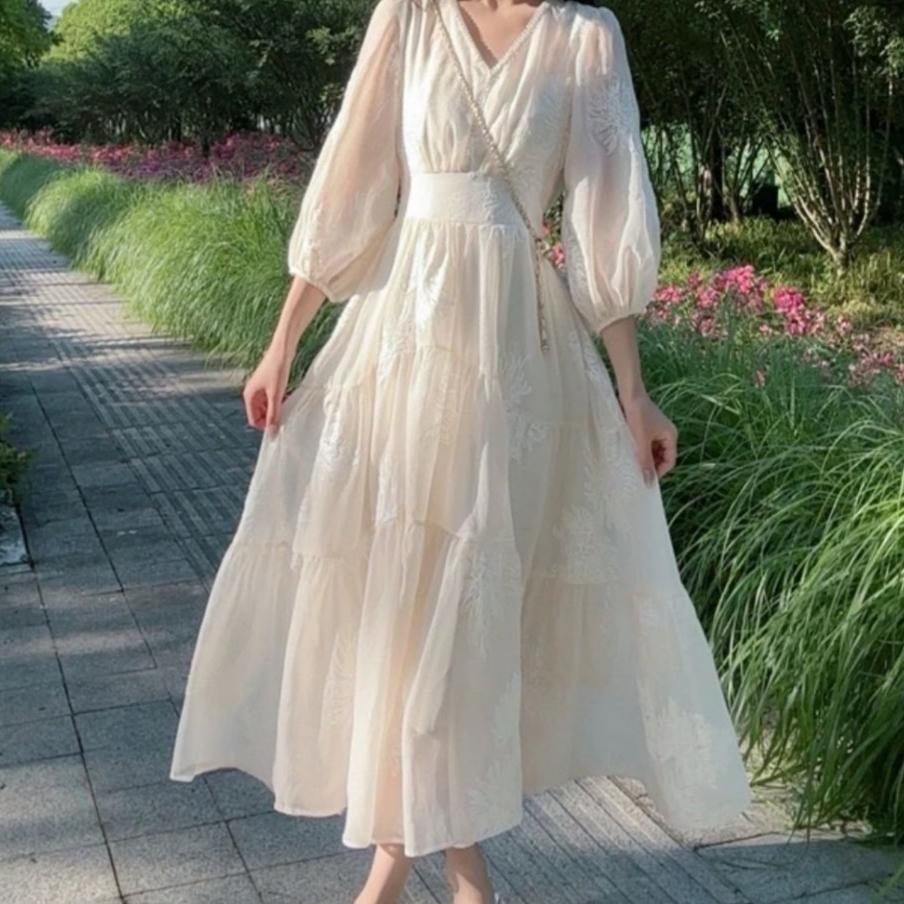 Summer Vintage French Style Embroidered Lantern Sleeve Dress Loose Fit Unique Design Bohemian Aesthetic Perfect for
