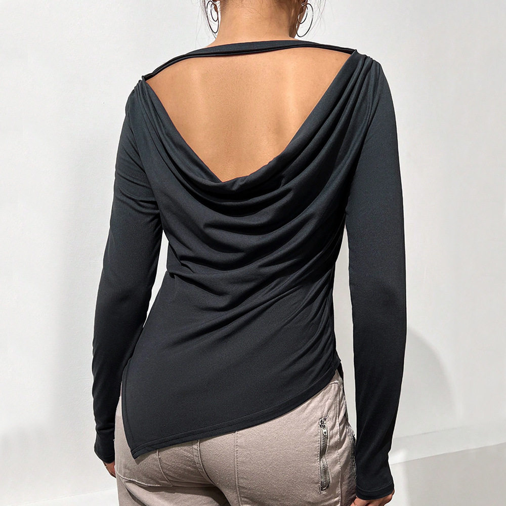 Womens Long Sleeve Solid Color Top Slim Fit Irregular Split Design Spring Summer Casual Wear Wholesale Available