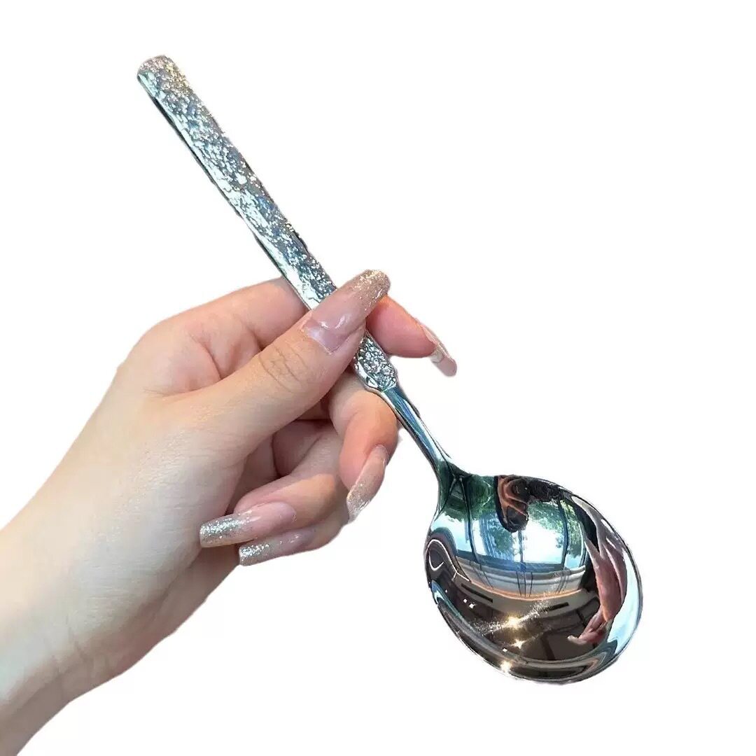 Stainless Steel Spoon Net Red Stone Pattern Spoon Household Dining Spoon Dessert Spoon Korean Long Handle Crack Spoon Spoon Spoon Spoon