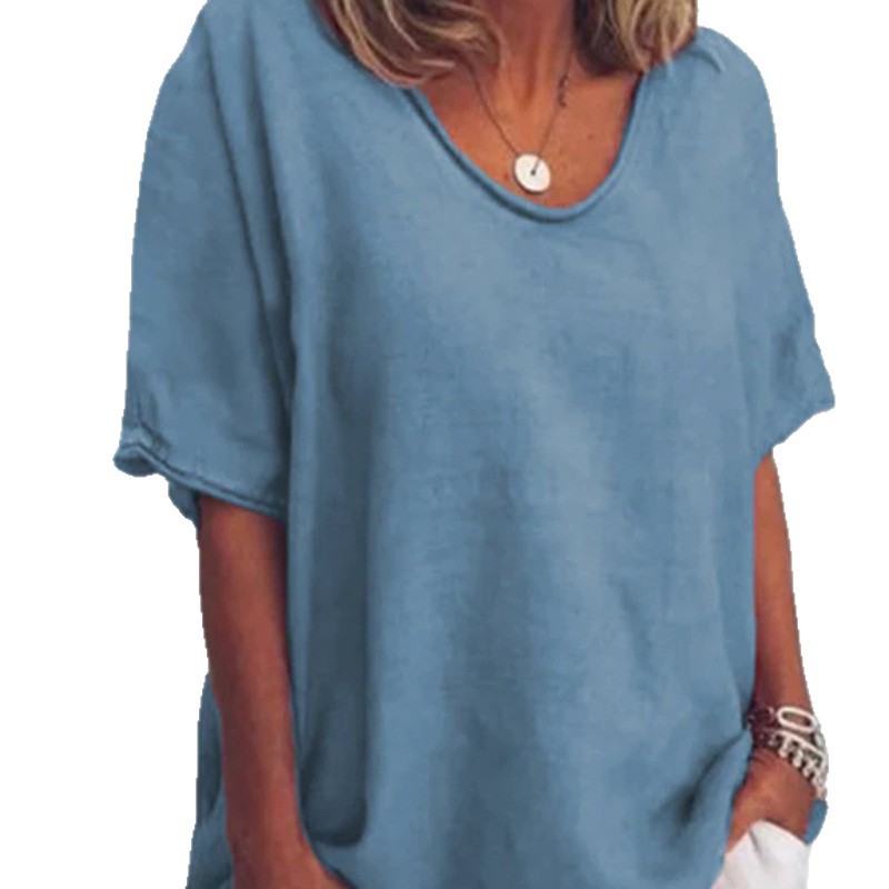 Womens Casual Loose Fit T Shirt Solid Color V Neck Short Sleeve Summer Style Wholesale Available