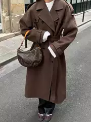 Cross-Border Women's Clothing: Elegant Retro Solid Color Double-Breasted Belted Waist Long Silhouette Autumn and Winter Woolen Coat