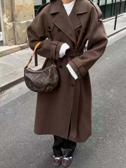Cross-Border Women's Clothing: Elegant Retro Solid Color Double-Breasted Belted Waist Long Silhouette Autumn and Winter Woolen Coat