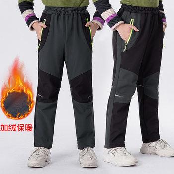 Children's combat pants Boys' winter fleece-lined thickened warm autumn and winter soft shell fleece outdoor hiking pants girls' trousers