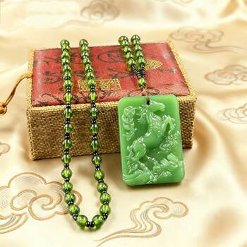 Imitation Jasper, Get Rich Immediately, Horse Brand Pendant, Chinese Style Spinach Green Glass Zodiac Horse Sweater Chain Pendant Manufacturer Wholesale