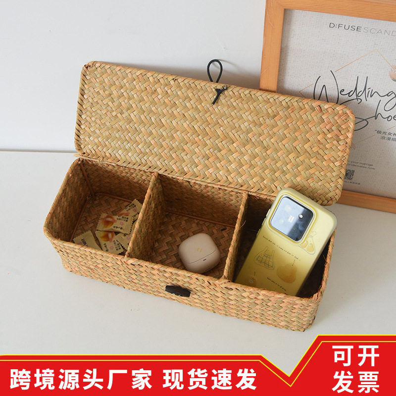 Japanese Seaweed Compartment Storage Box Rattan Office Desk Sundry Storage Basket Cosmetics Storage Basket Manufacturer Wholesale