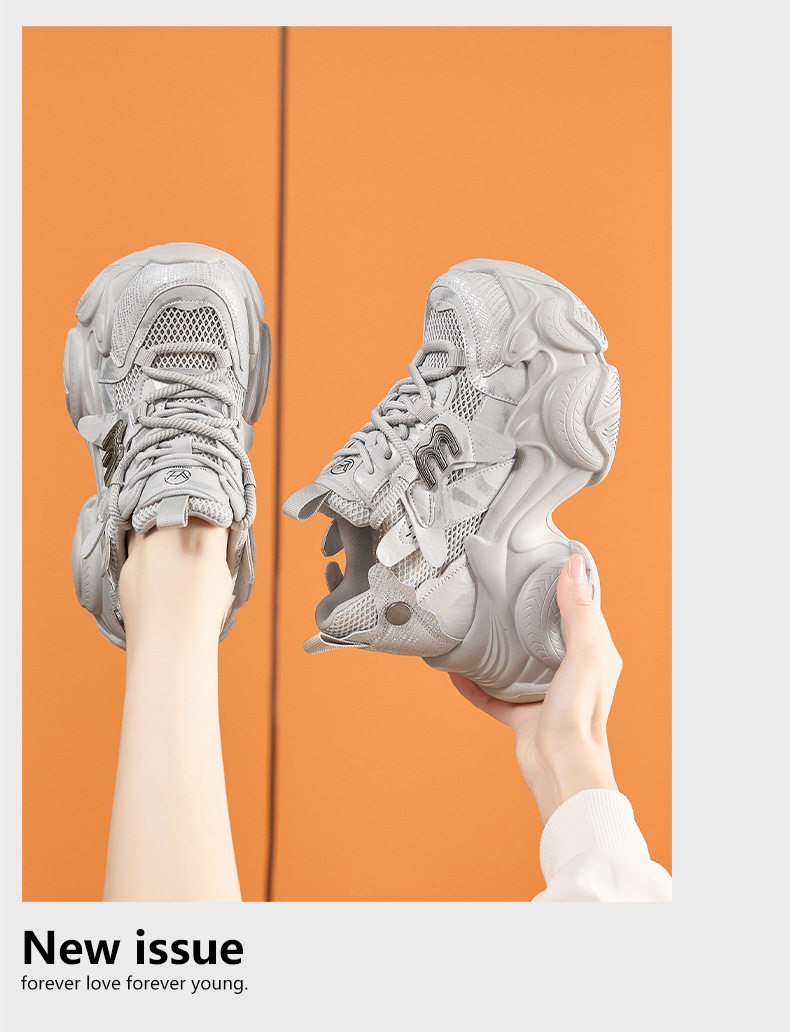 Giày sneaker nữ chunky đế dày lưới thoáng khí, gót siêu cao 8 cm — Xám, Trắng chi tiết 14