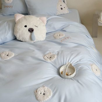 Cotton Dabai | Pure Cotton 100S Brushed Cotton Four-Piece Set Cute Puppy Patch Bed Sheetss and Fitted Bed Sheetss Bedding