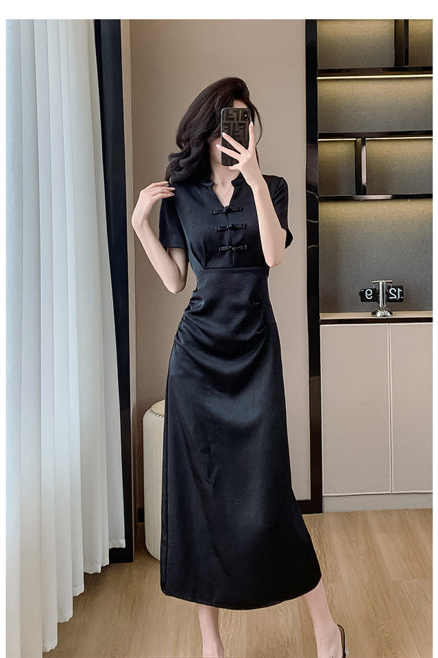 Váy Đầm Nữ Dáng Ôm Chiết Eo Phong Cách Trung Hoa Cổ Điển Màu Đen chi tiết 19