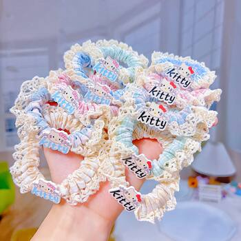 Retro Plaid Lace Small Intestine Cartoon Cat Plaid Hair Band High Elastic Hair Rope Ponytail Simple Ball Head Rope Hair Accessory