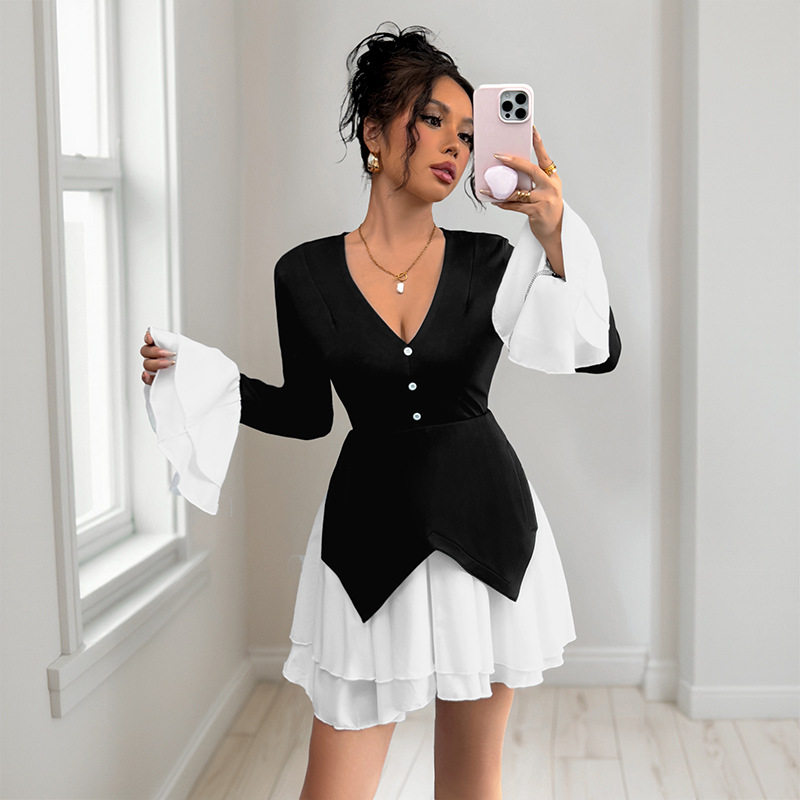 Color Block Long Sleeve Dress Black and White Casual Dating or Spring Fall Wear Wholesale Available