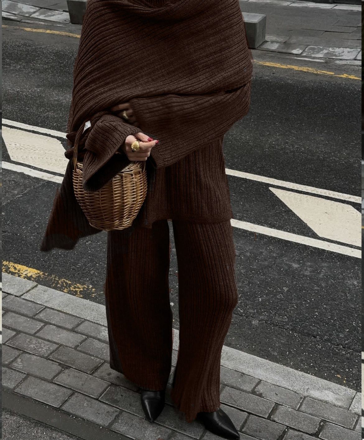 Womens Chunky Knit Sweater Set Solid Color Round Neck Loose Fit Includes Wide Leg Pants and Scarf Autumn Winter